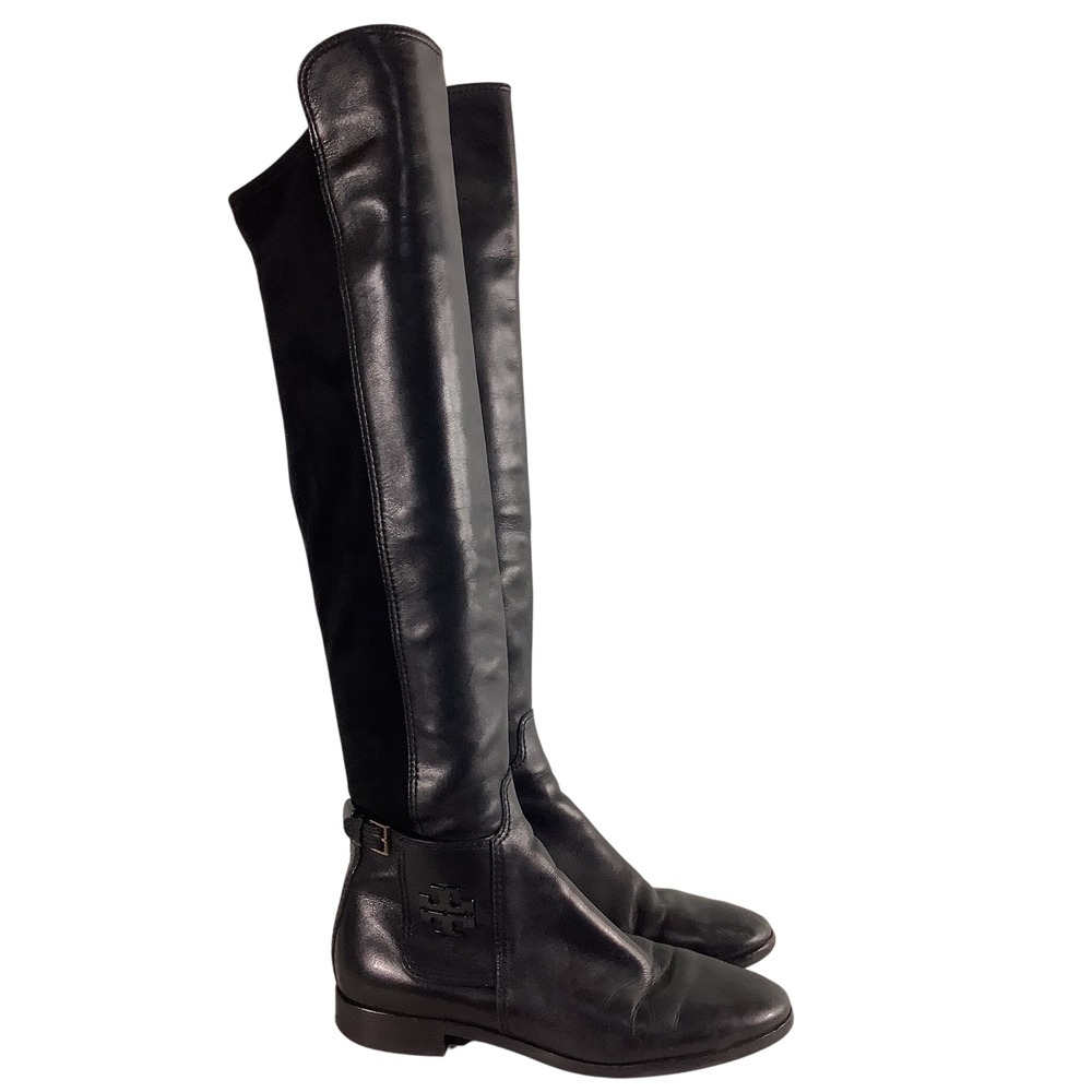 Tory Burch Black Leather Over The Knee Boots Logo Buckle 7.5M 5636 F17